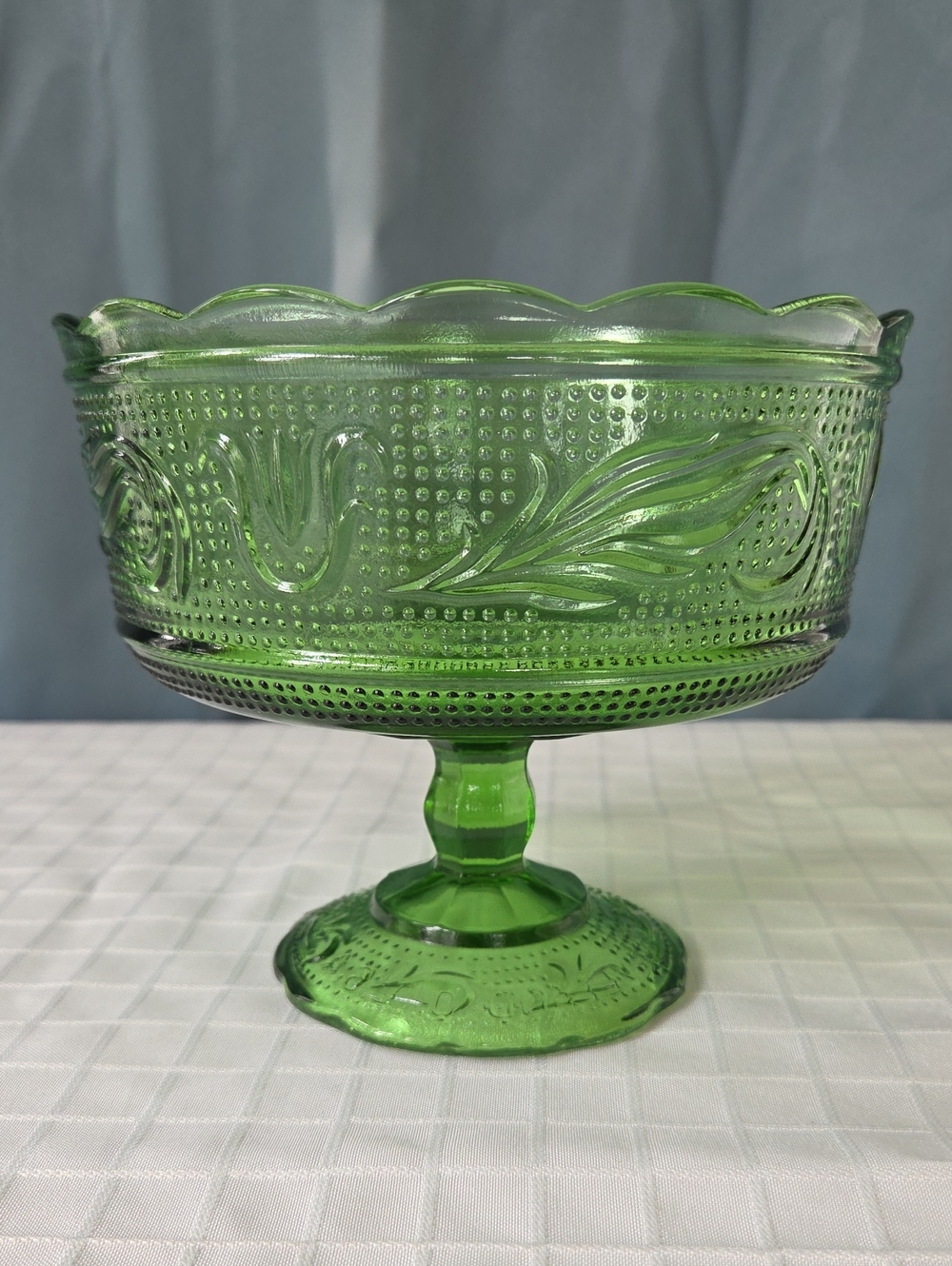 E.O. Brody Green Pressed Glass Pedestal Compote Bowl
